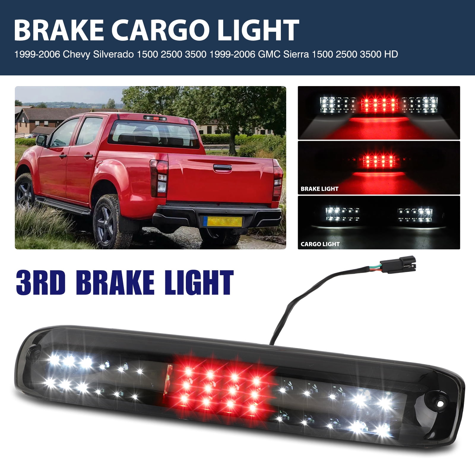 High Mount Stop Lights Replacement fit for 1999-2006 Chevy Silverado 1500 2500 3500 GMC Sierra LED 3rd Tail Brake Cargo Light