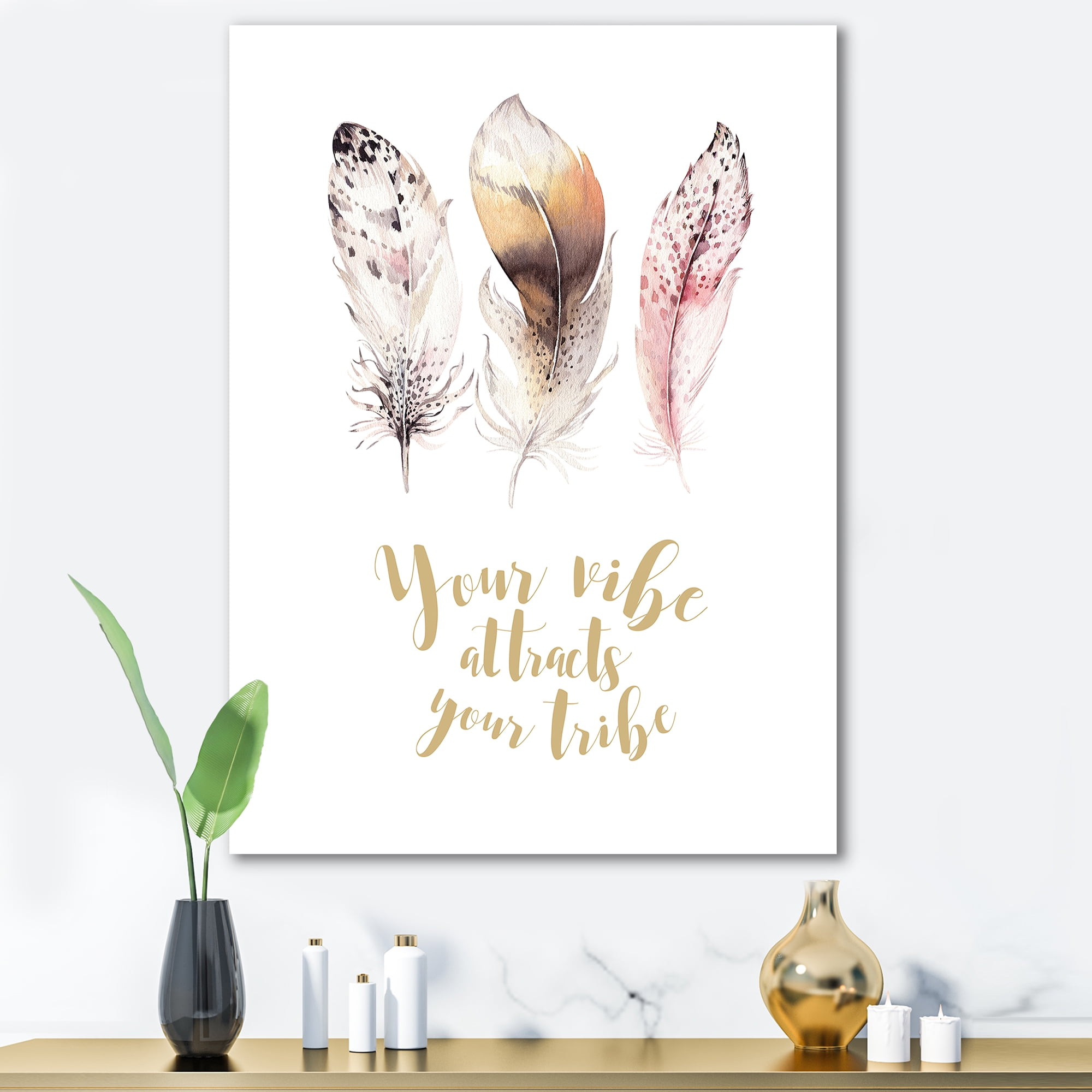 Designart ' Your Vibe Attracts Your Tribe Ethnic Feathers I ' Bohemian & Eclectic Canvas Wall Art Print