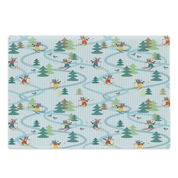 Sports Cutting Board, Funny Raccoons Skiing Winter Pine Tree Christmas Humor Noel Print, Decorative Tempered Glass Cutting and Serving Board, Large Size, Multicolor, by Ambesonne