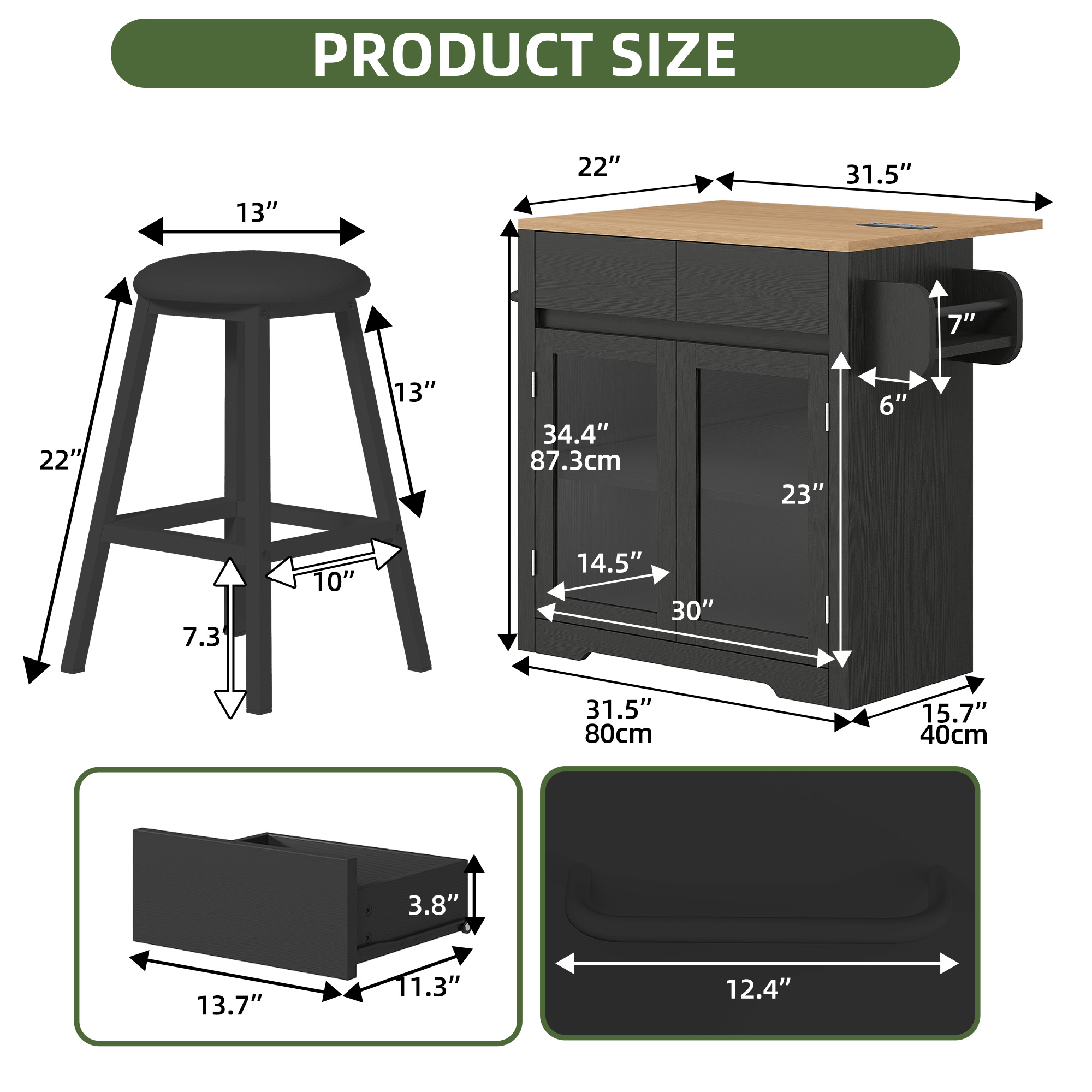 Uforic Kitchen Island Table with Drop Leaf & Seating, Rolling Kitchen Island with Power Outlets & Storage, Black