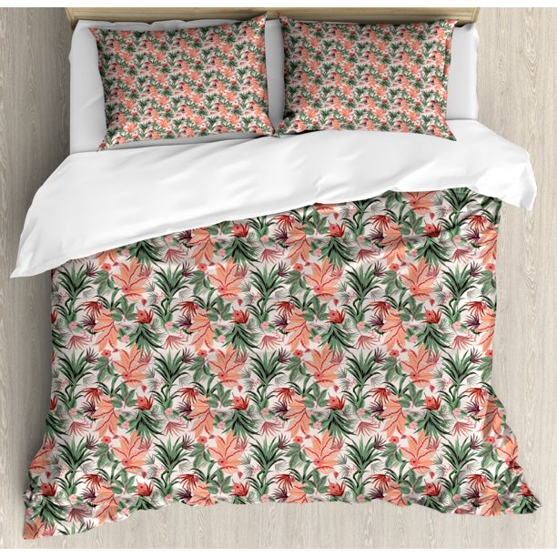 Botanical Duvet Cover Set, Natural Theme Various Leaves Pattern