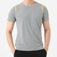 thumbnail image 1 of Blusas y camisas de manga corta y cuello redondo para hombre. Blusa de manga corta con cuello redondo, elástica, de color liso y empalmada., 1 of 7