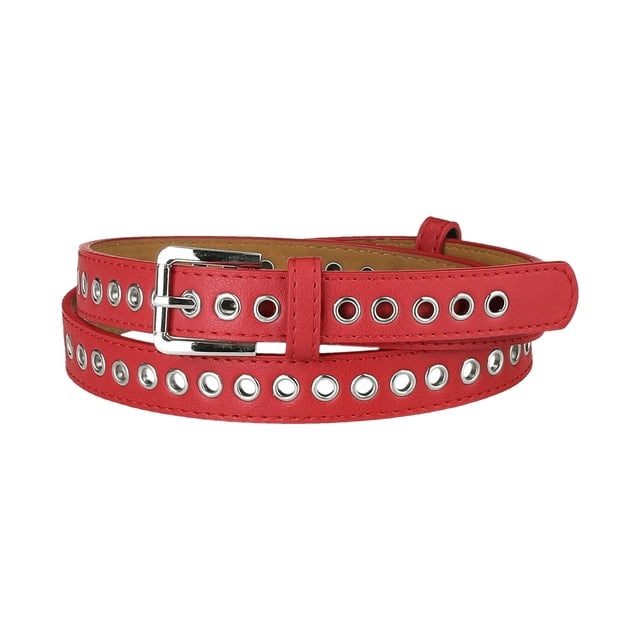 Cinturón de cuero PU con ojal para mujer, hebilla de pasador de metal, cinturones de cintura ajustados de talla grande rojo Ajuste la cintura hasta 104cm/41"