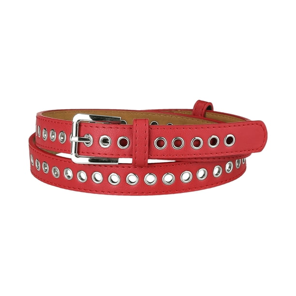 Cinturón de cuero PU con ojal para mujer, hebilla de pasador de metal, cinturones de cintura ajustados de talla grande rojo Ajuste la cintura hasta 104cm/41"