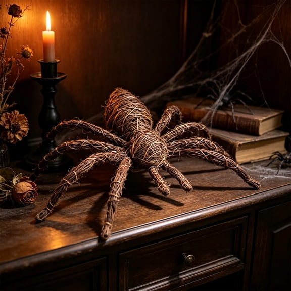 Halloween Rattan Style Spider Decor, 7.87 Inch Black Polyester Woven Look Spider Ornament, Spooky Tabletop Decor for Mantel Porch Party