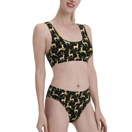 Uemuo Elegant Gold Moose Printed Women s High Waisted Bikini Sets Sporty Two Piece Swimsuits Color Block Cheeky High Cut Bathing Suits-X-Large