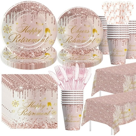 Retirement Decorations For Women, Rose Gold Happy Retirement Party Decorations Supplies Tableware, Paper Plate, Cup, Napkin, Tablecloth, Cutlery, Serve 24