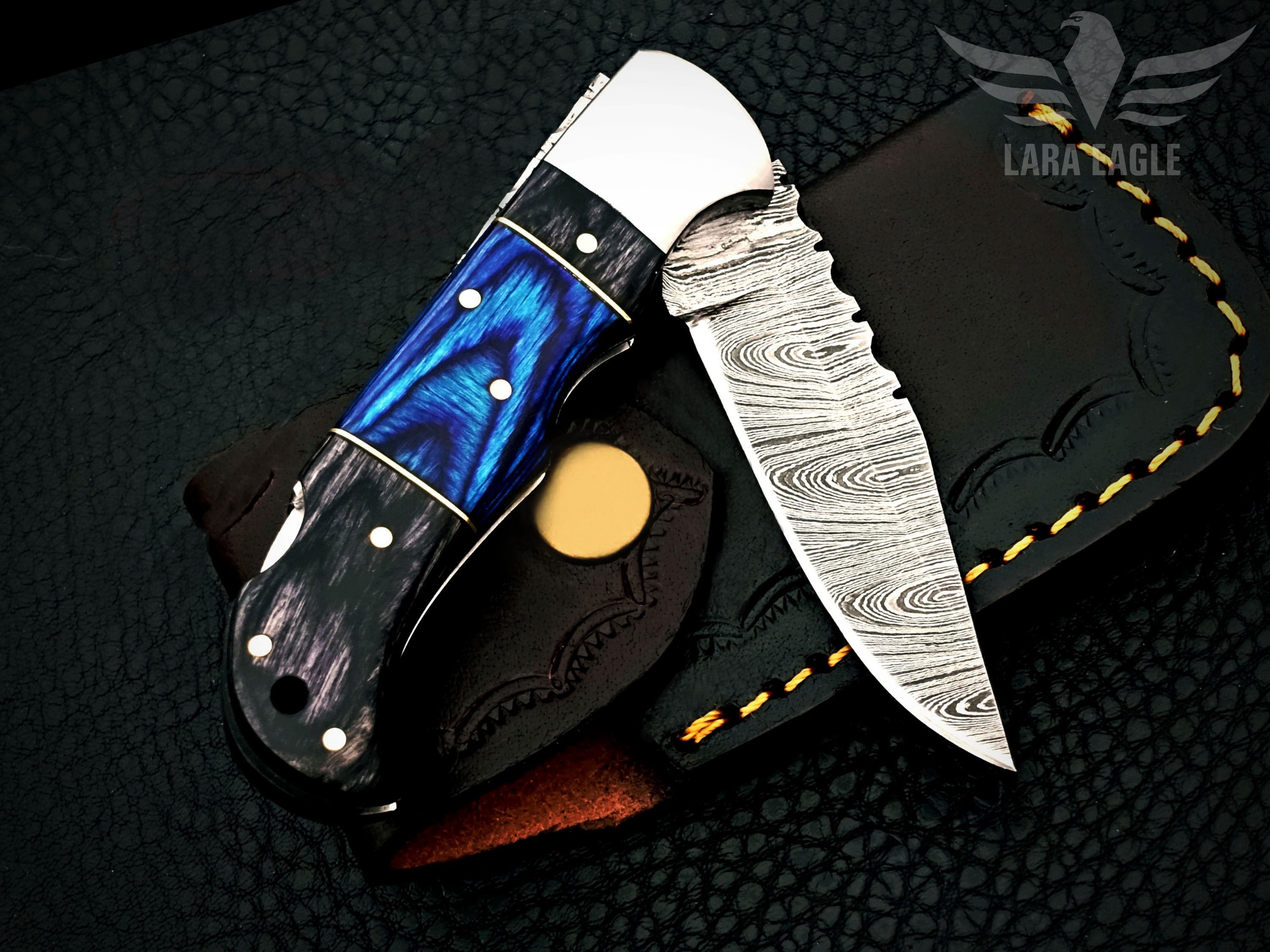 Lara Eagle Damascus Pocket Knife Gray Wooden Handle Handmade Knives with Sharpener and Leather Pouch - 3 inch blade