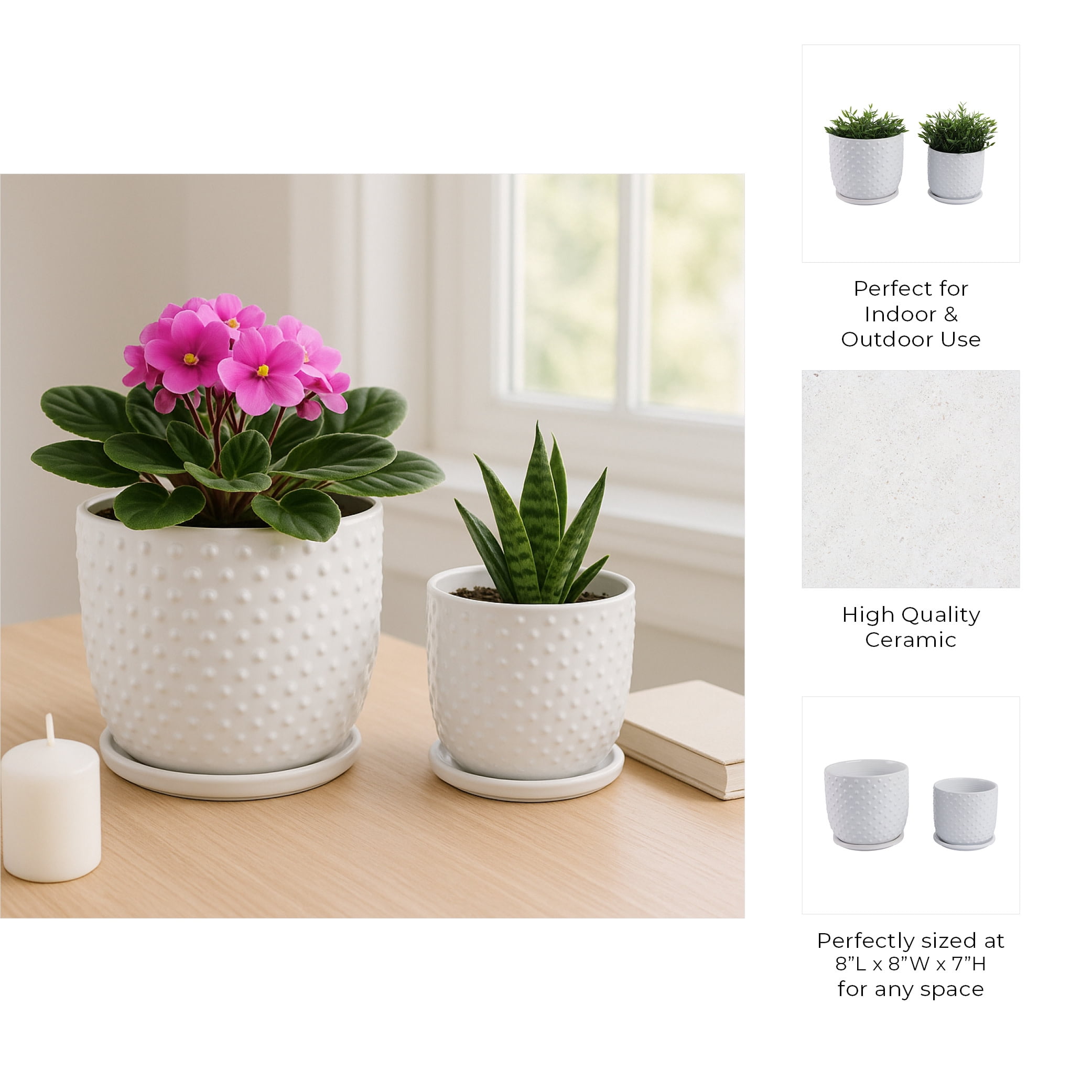 Decorative Ceramic Flower Pots Planters with Saucer - Stylish Modern Indoor and Outdoor Plant Pots for Home Decor - Pots for Plants for Living Room, Patio Plant Stand - Set of 2, 8", 6", White