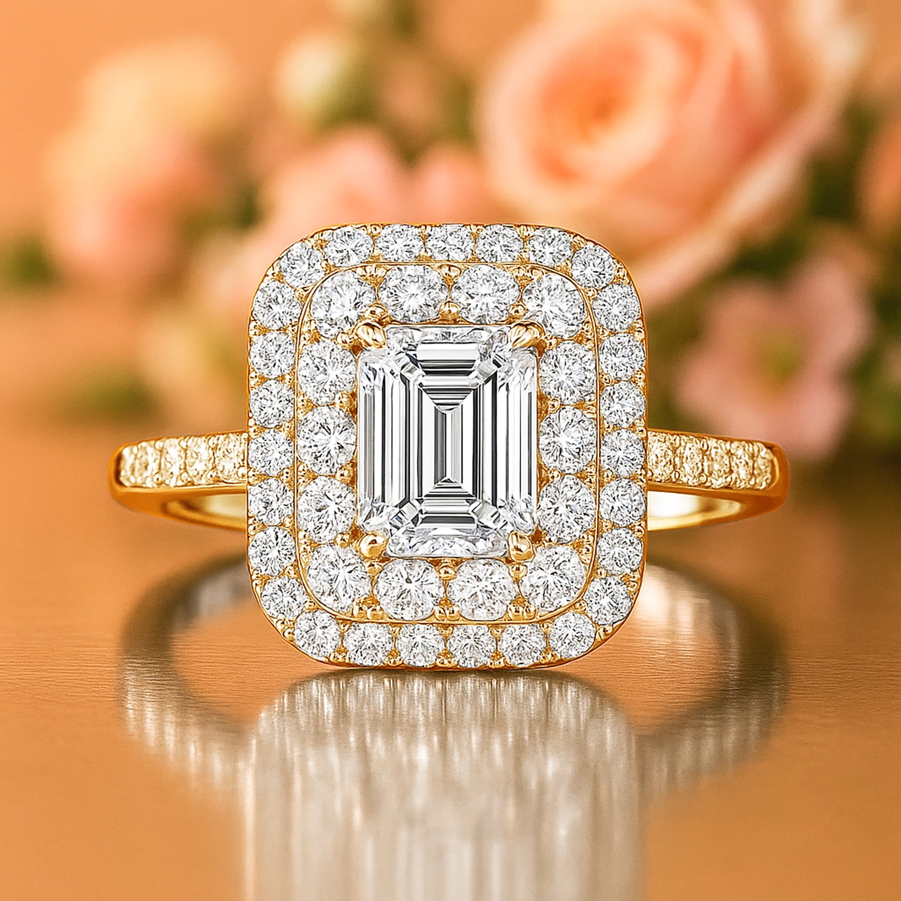 JeenMata 1.5 Carat Emerald Cut Moissanite Engagement Ring - Bridal Ring - Double Halo Ring - Cluster Ring - 18k Yellow Gold Plating for Women