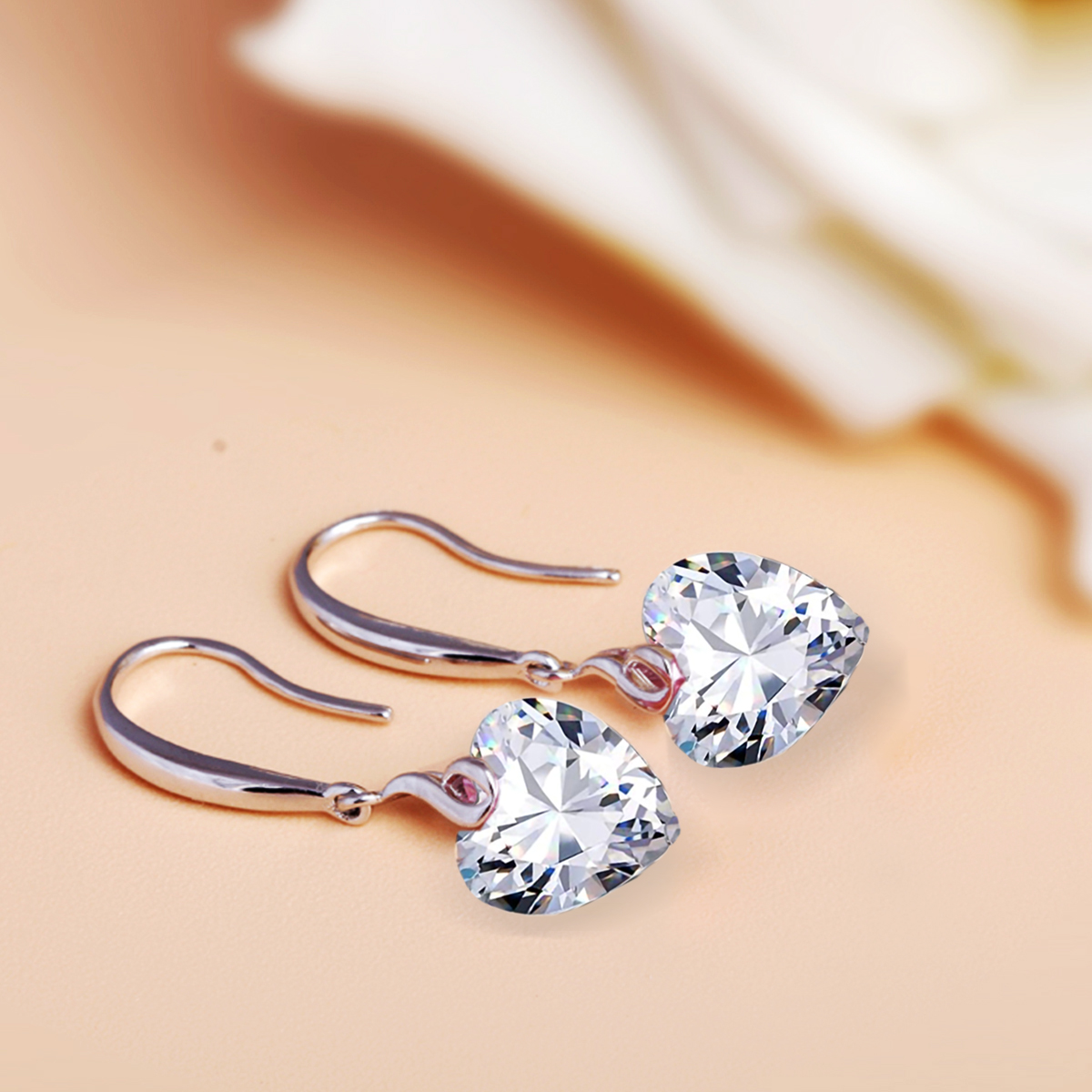 s925 Sterling Silver Love Heart 5A Cubic Zirconia Crystal Women Drop Dangle Earrings