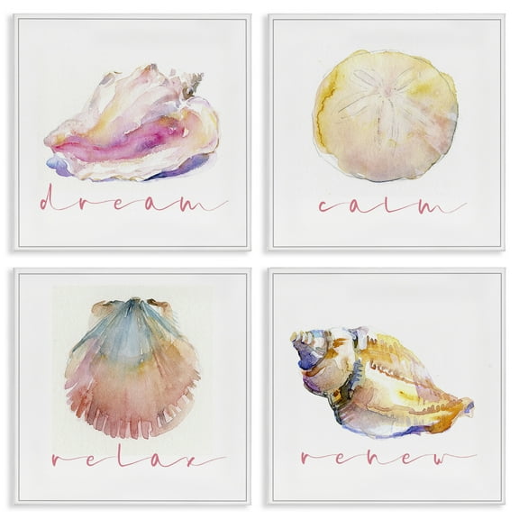 Stupell Industries Watercolor Seashells with Phrases Nautical & Beach Painting Wrapped Canvas Art Print Wall Art, 17 x 17, Set of 4