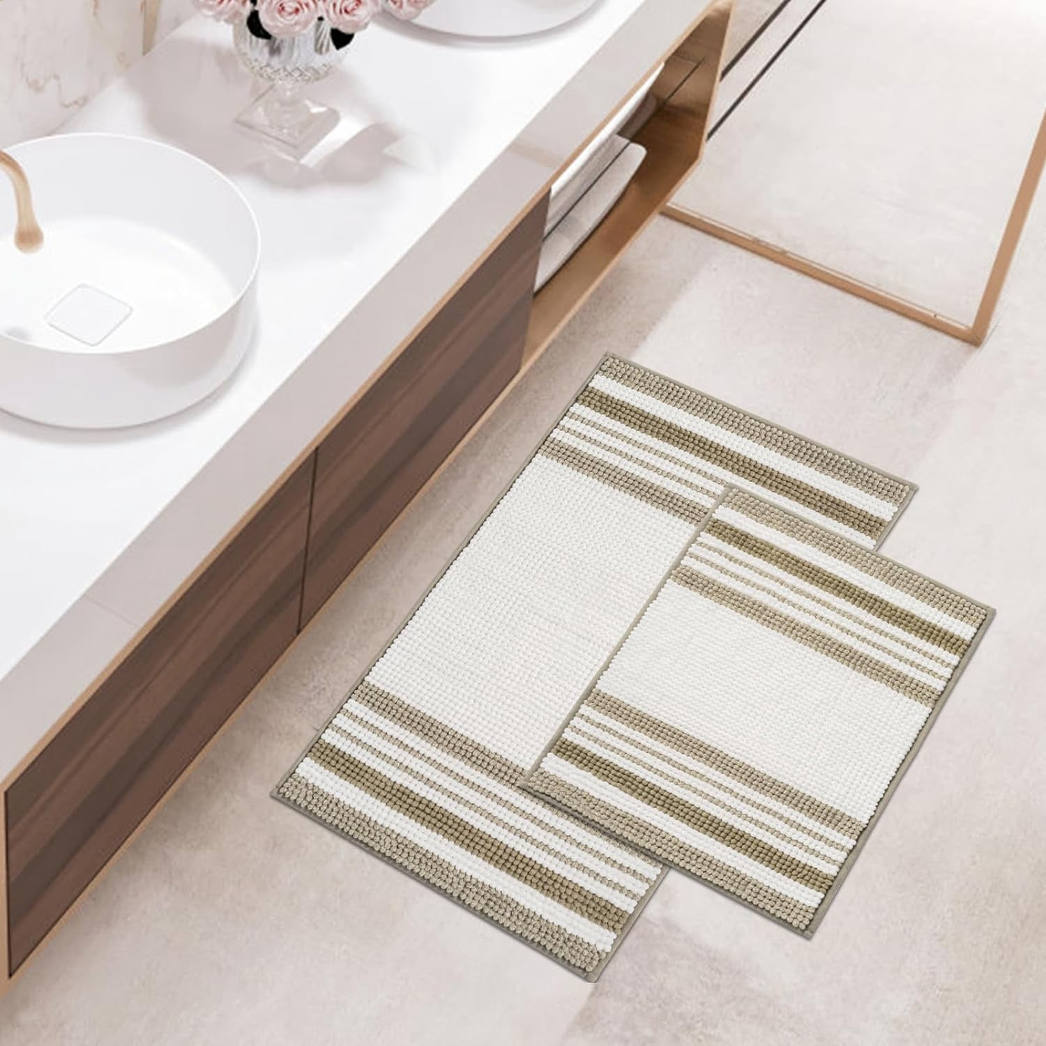 Stripe Chenille Bathroom Rugs Sets 2 Piece 17"x24"+20"x32", Soft Bath Mats for Bathroom Floor Non-Slip, Boho Washable Bath Rugs Set, Water Absorbent Shower Mat, Beige and White
