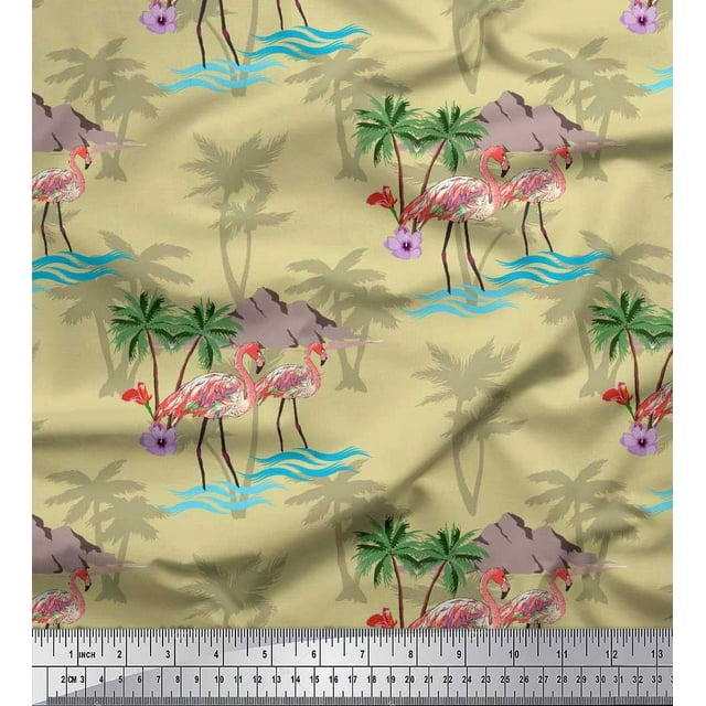 Soimoi Beige Rayon Fabric Palm Tree, & Flamingo Bird Print Fabric by the Yard 56 Inch Wide