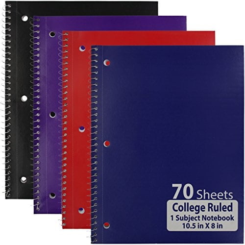 Emraw Single Subject Notebook Spiral with 70 Sheets of College Ruled White Paper - Set Includes: Red, Black, Purple, Blue Covers (Random 4 Pack)