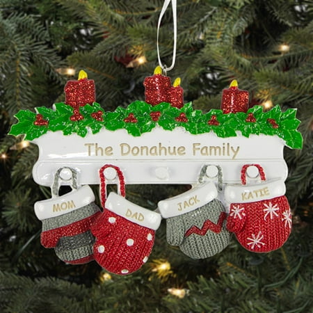 Personalized Hanging Mittens Christmas Ornament, 4 People