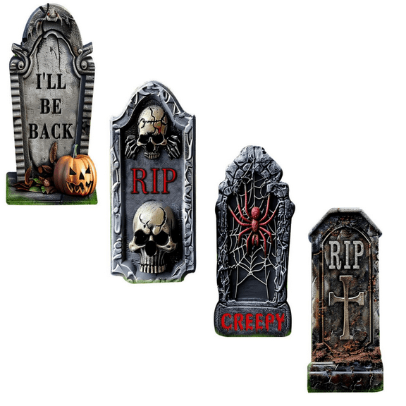 2025 Halloween Tombstones Outdoor â Reinforced Eerie Graveyard Yard Sign, Design for Haunted Lawn, Garden & Party Decor,A B C D,4PCS