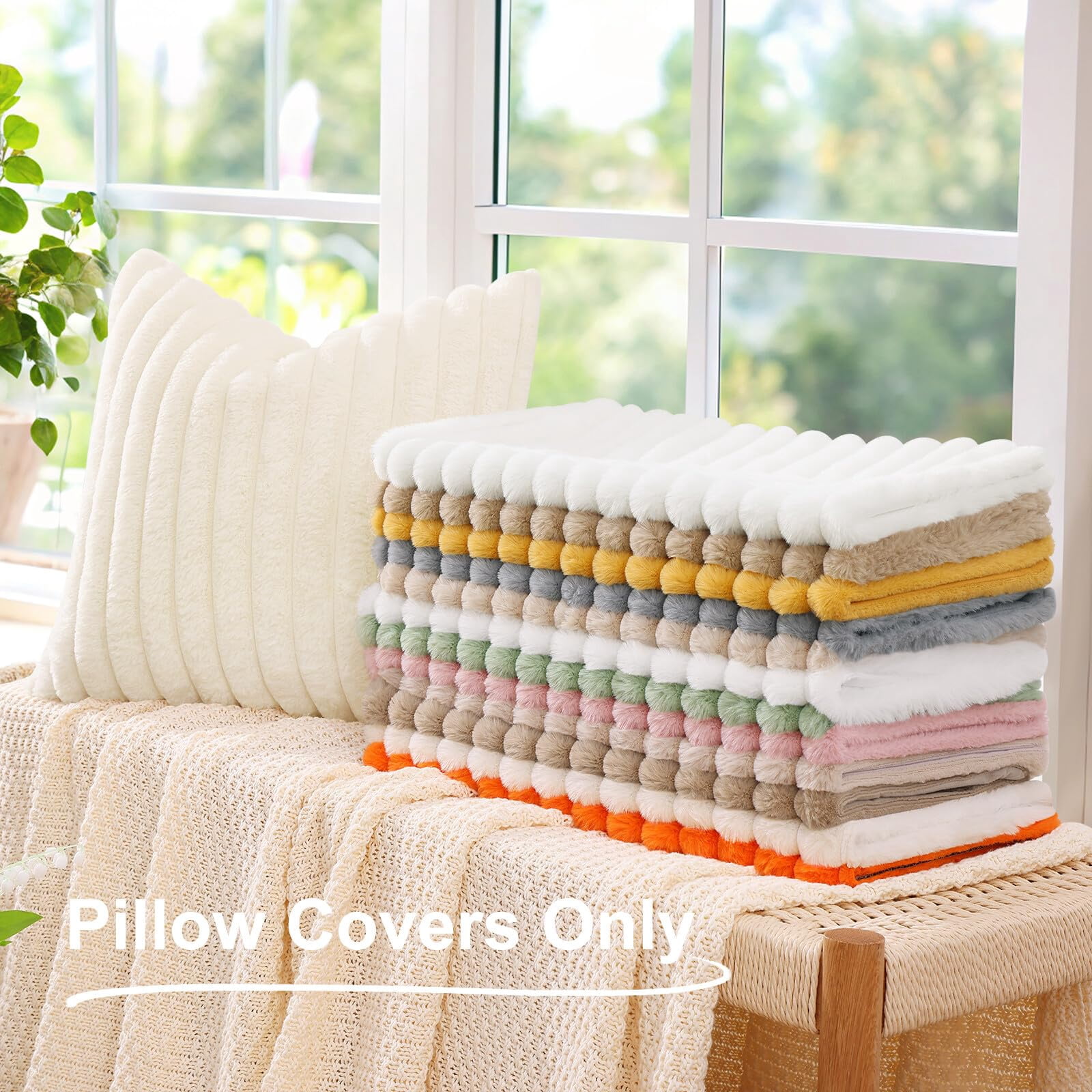 decorUhome Pack of 2 Faux Fur Plush Throw Pillow Covers 20x20, Soft Fluffy Striped Decorative Couch Pillow Covers , Cream White