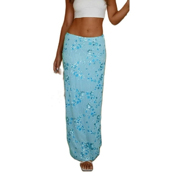 Women Y2K Sequin Long Skirt Sparkle Beaded Low Waist Maxi Skirt Glitter Shiny Bodycon Skirt Night Out Party