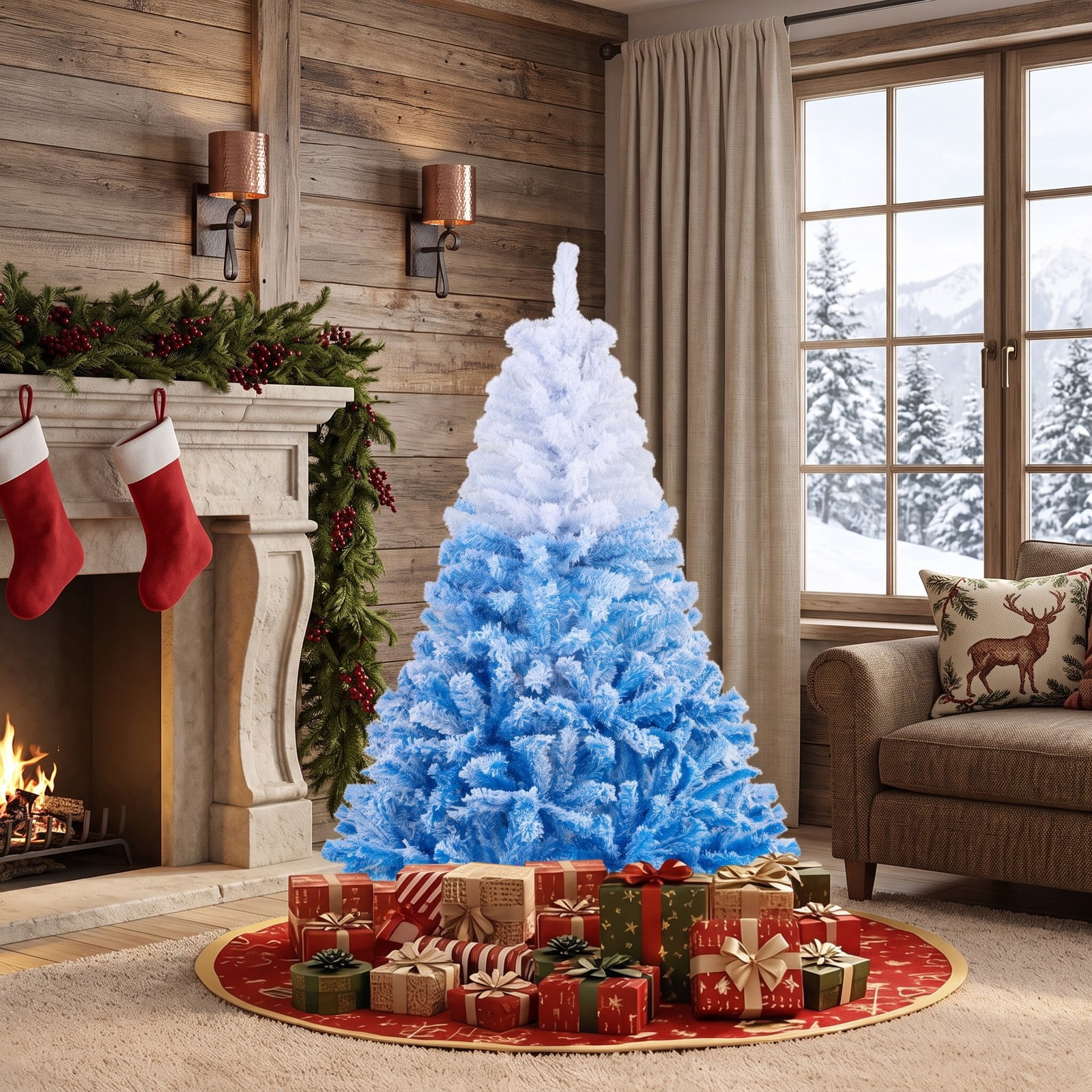RUIE 5 FT Artificial Christmas Tree with 180 Warm White LED Lights and 8 Modes, Snow Flocked Hinged Prelit Xmas Tree with Foldable Metal Stand, White & Blue