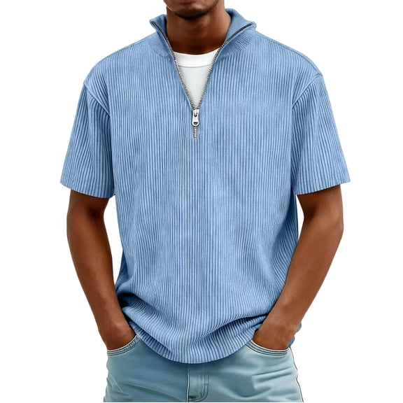 VgaVtl Short Sleeve Men's Tee Shirts Summer Cotton Mens Clothes Sports Zip-Up Collared Big and Tall Blue Tops