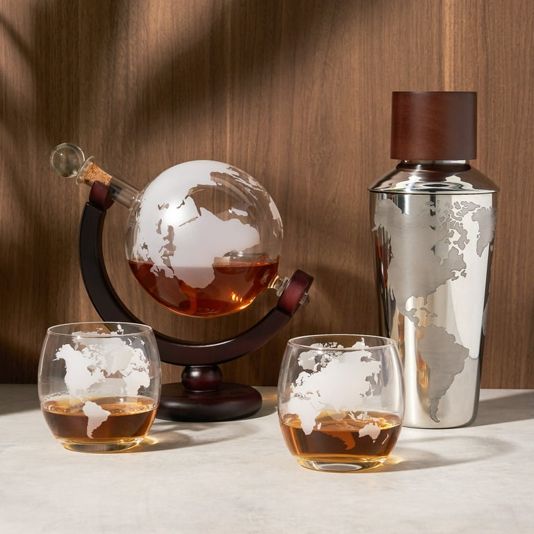 Viski Globe Stainless Steel Cocktail Shaker with Etched Map and Compass -  Drink Mixers for Cocktails & Bar Shaker - 32 Oz
