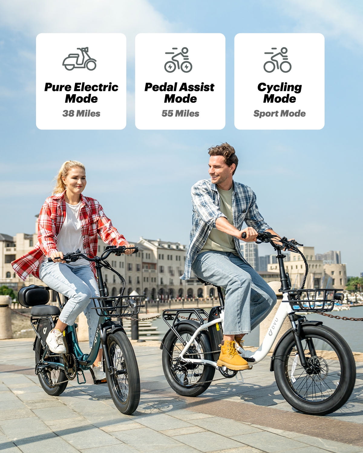 DYU Electric Bike for Adults, 20" Fat Tire Electric Mountain Bike with 48V 15.6Ah - 748.8Wh Removable Battery, Peak 1000W Motor, Max Speed 28Mph, up to 80 Miles, UL2849 Certification