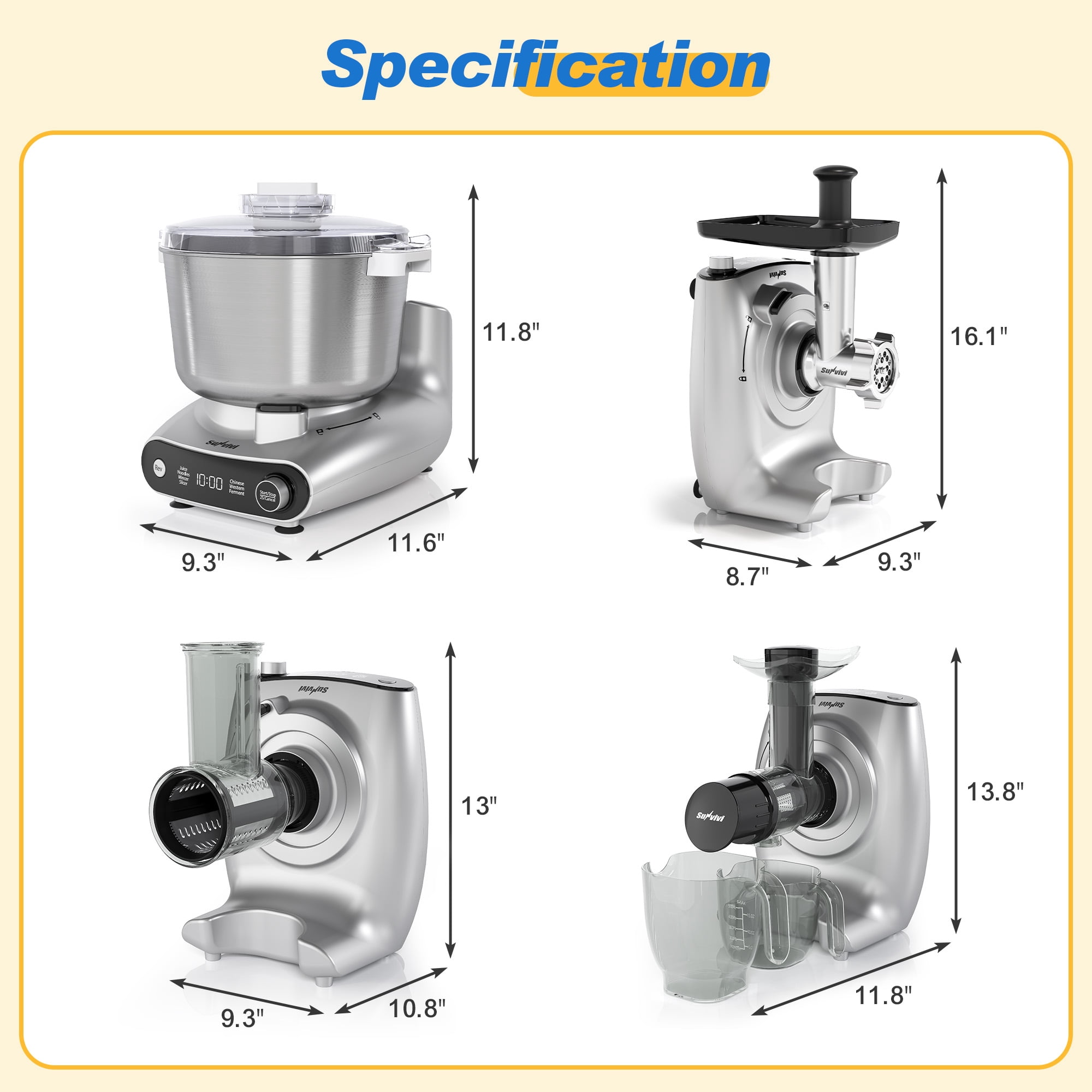 Sunvivi 4-in-1 Stand Mixer 5.3QT with Fermentation, Electric Dough Mixer with Juicer, Meat Grinder & Salad Maker