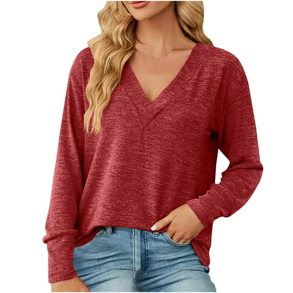 ShomPort Womens Fall Casual Long Sleeve Tunic Tops V Neck Shirts Loose Comfy Dressy Blouses