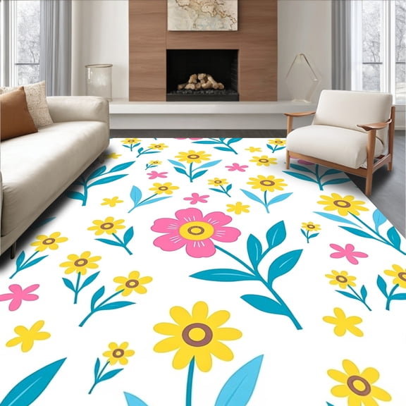 ODIKA 4'x6' Machine Washable Non-Slip Area Rug, Whimsical Floral Girly Room Decoration High Traffic Rug, Pink, 395318