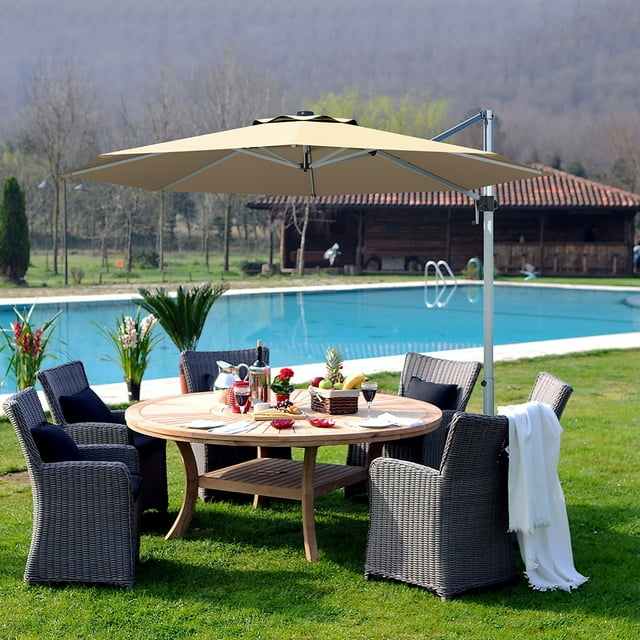 Costway 11' Patio Cantilever Offset Umbrella 360Degree Rotation Outdoor Tilt W/Base Beige
