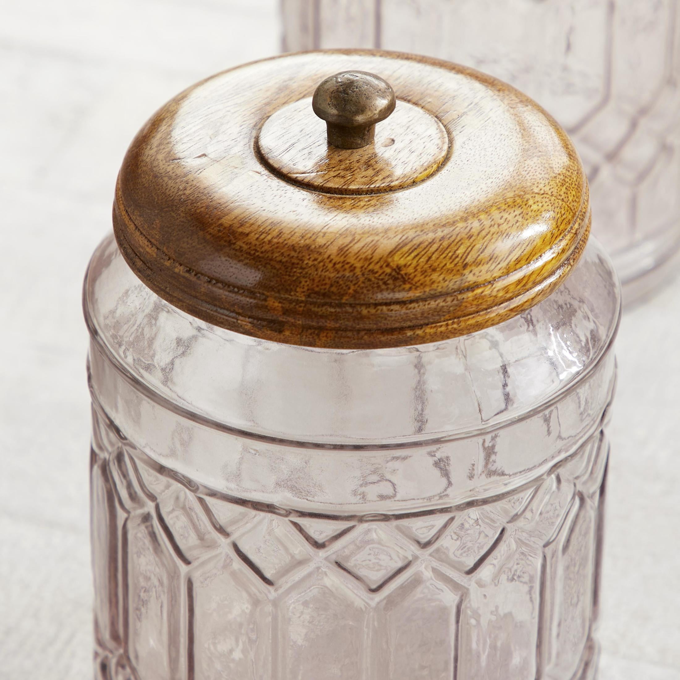 DecMode 8", 9", 11"H Clear Glass Decorative Jars with Wood Lids, 3-Pieces