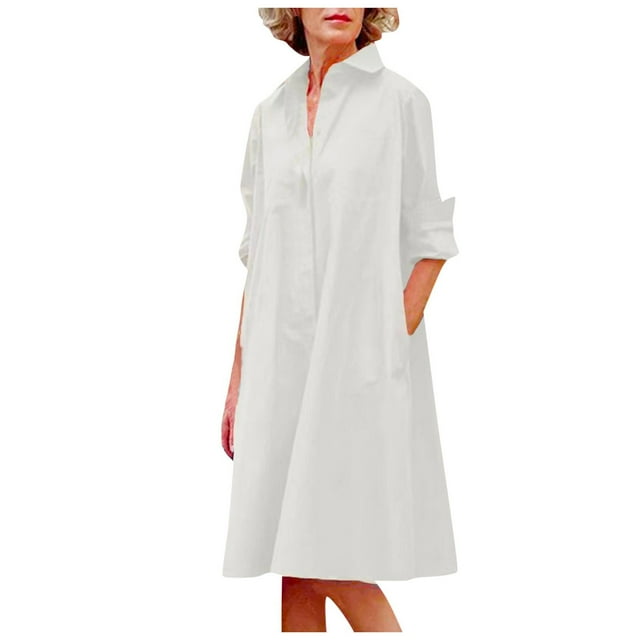 Women Spring Summer Casual Solid Color Lapel Button Long Shirt Dress