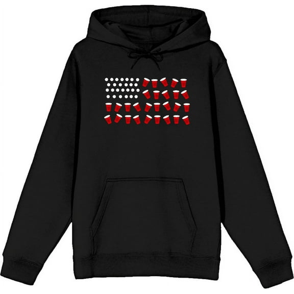 Americana Beer Pong Flag Black Adult Long Sleeve Hoodie-Large