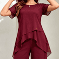thumbnail image 3 of Morttic Women's Elegant Chiffon Solid Color 2 Piece Set – Slit Short Sleeve Top & Wide Leg Pants Daily Home & Lounge Outfit Wine Red，, 3 of 6