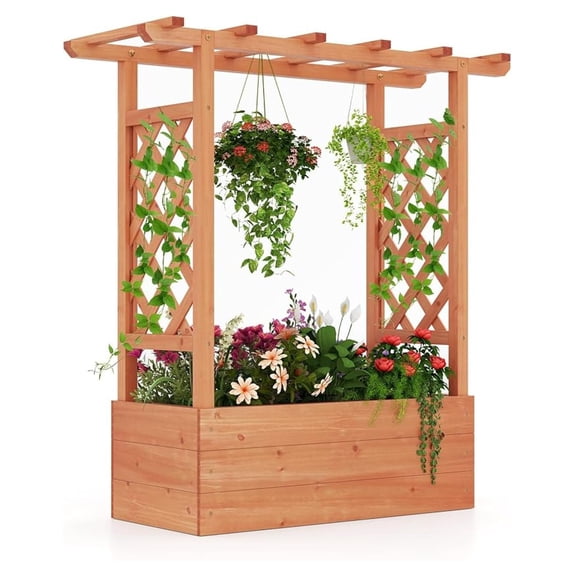 Raised Garden Bed with Trellis, Freestanding Wood Planter Box w/Hanging Roof & 4 Drainage Holes for Vine, Climbing Plants, Flowers, Outdoor Planter with Trellis for Garden, Patio, Yard