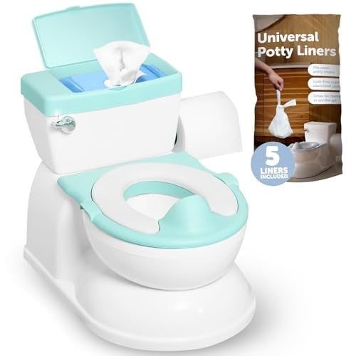Real Feel 2-in-1 Potty with Wipes Storage, Flushing Sounds & Disposable Liners - Realistic Toilet - Easy to Clean & Assemble -  (Aqua)