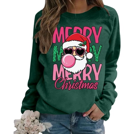 FYEGRE Christmas Sweatshirts for Women Merry Christmas Santa Long Sleeve T-Shirt Xmas Snowflake Tee Tops Dark Green XL