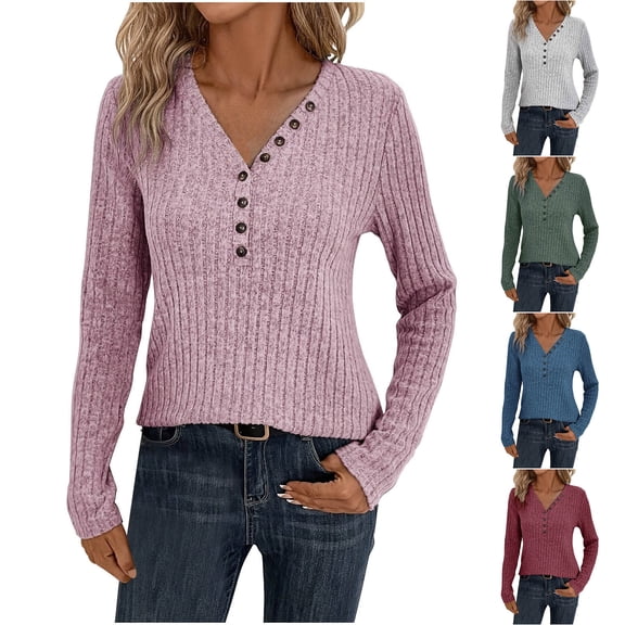 Antinious Womens V Neck Fall Tops Long Sleeve Solid Knit Sweater,Winter Sweatshirt for Women,Going Out Tops for Women,Gray,L