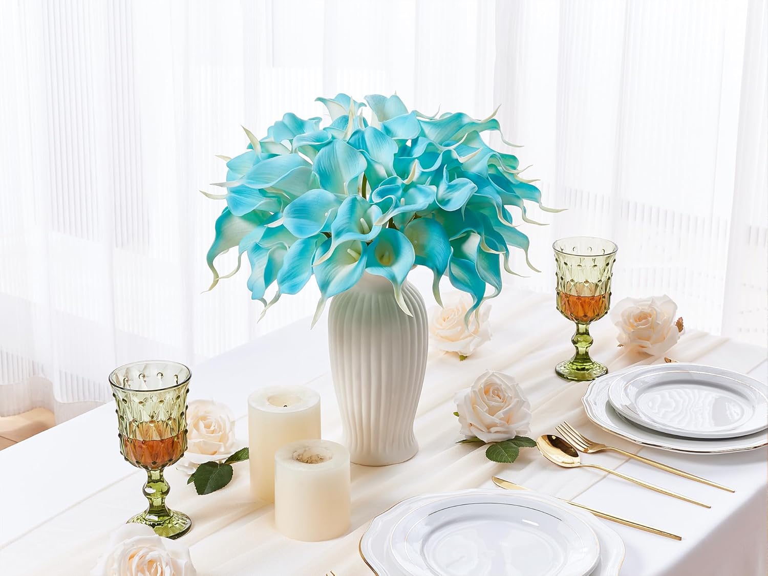 24 Pcs Artificial Calla Lily Flowers Fake Silk Flowers Real Touch for Wedding Bouquet Office Home Kitchen Decor (Peacock Blue)