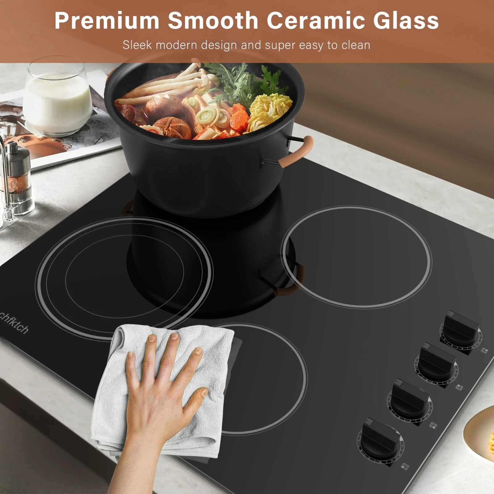 24 inch Built-In 4 Burner Electric Cooktop Dual-Ring Burners 6700W Radiant StoveTop with Knob Control Residual Heat Indicator auto shut off, 220V~240V Hardwire (No Plug)