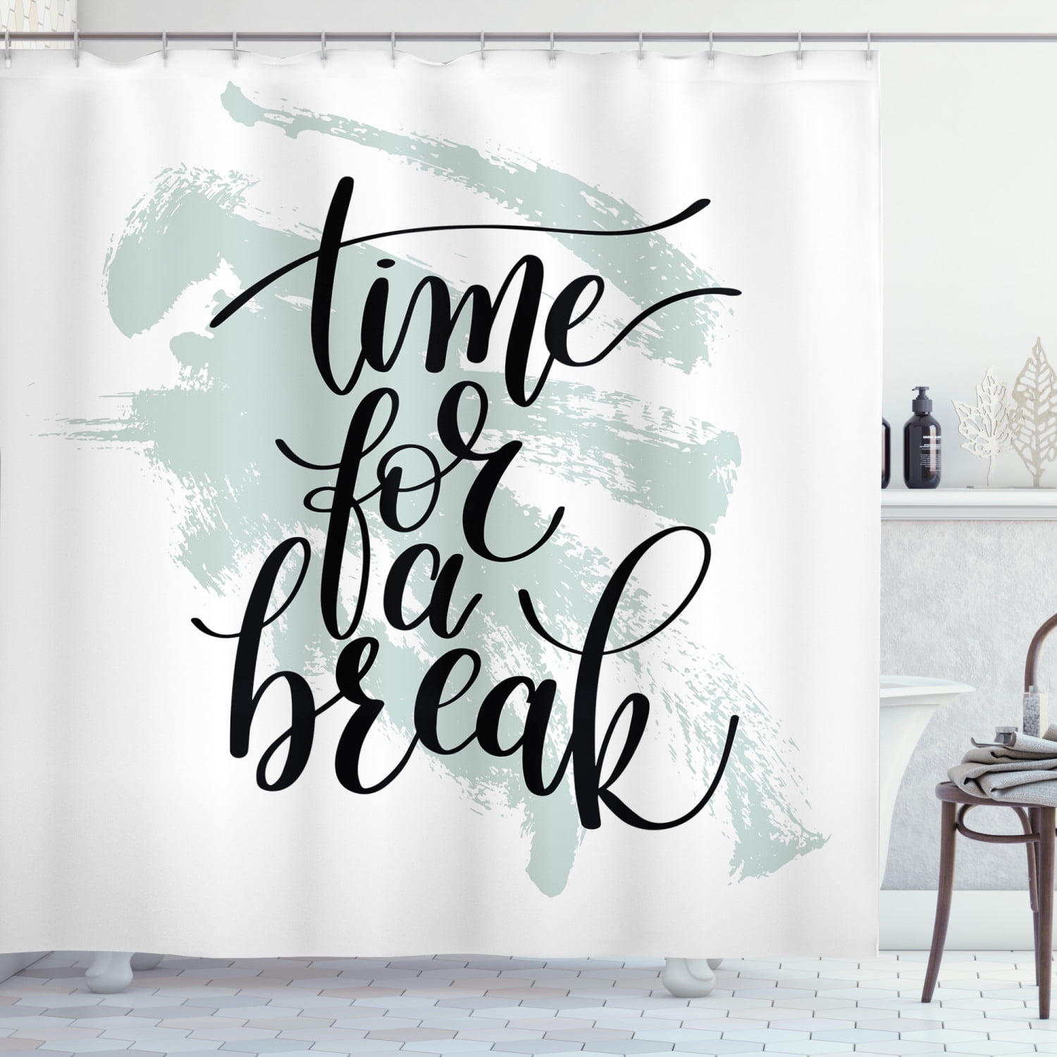 Saying Shower Curtain, Time for a Break Modern Calligraphic Text on