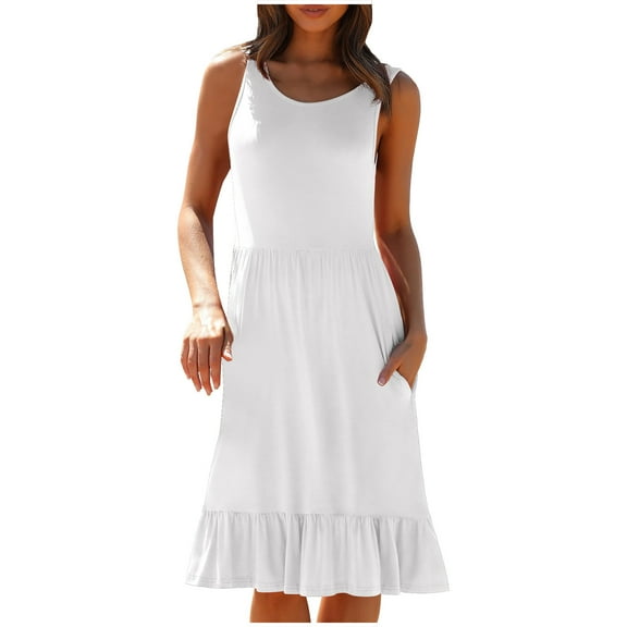 cfhntfmh Sundresses for Women Casual Plain Tiered Ruffle Tank Dress Crewneck Flowy Summer Dress with Pockets