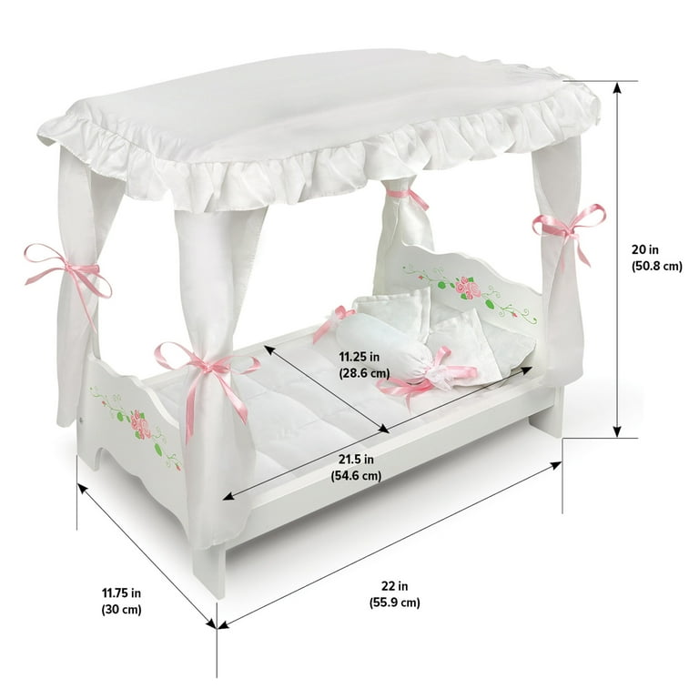 Badger Basket Doll Bed with Canopy and Bedding for Dolls up to 20 inches White Rose