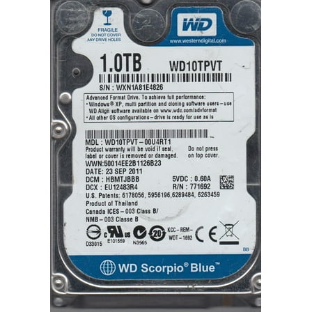 WD10TPVT-00U4RT1, DCM HBMTJBBB, Western Digital 1TB SATA 2.5 Hard Drive