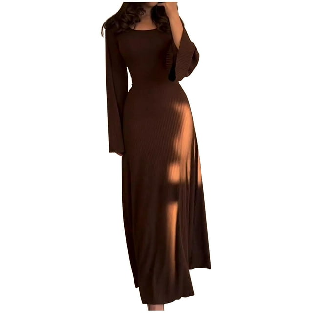 Yuyuzo Robes de Printemps pour Femmes 2025 Robe Chandail à Manches Longues à Col Ras du Cou Robe en Tricot Côtelé Fluide Coupe Évasée Robes Maxi