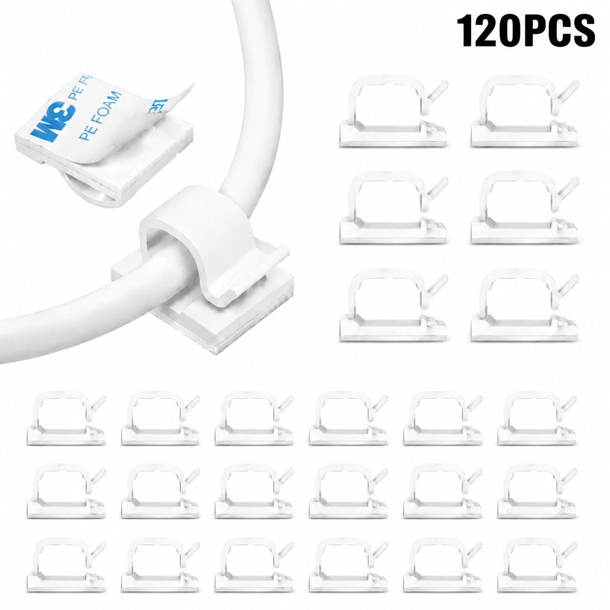 Rongsi 120 Pcs Adhesive Cable Wire Clips, Cable Staples Outdoor Cable Management Wire Organizer Cord Holder for Under Desk, Car, Wall, TV PC Ethernet Cable, White