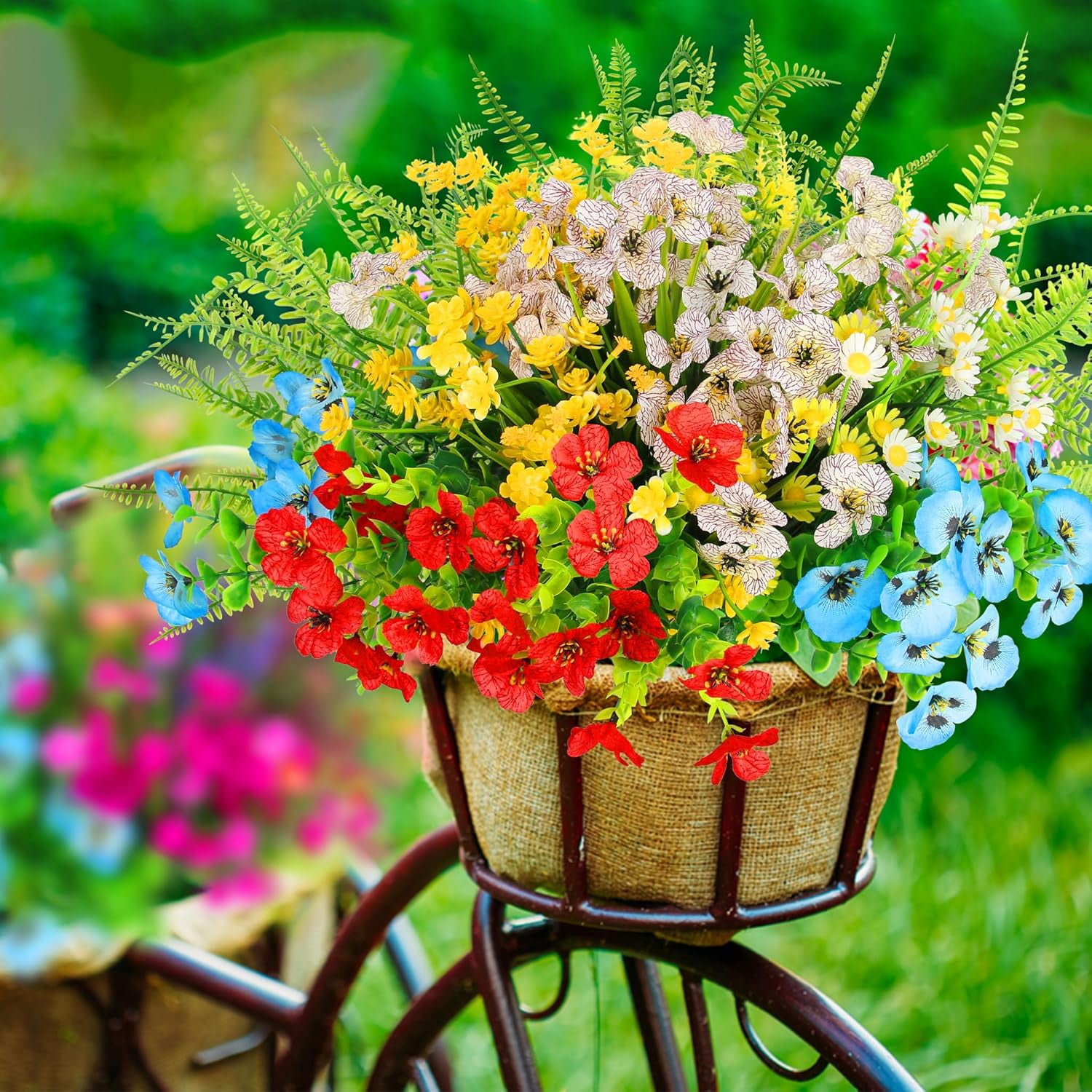 26 Bundles 13 Style Multicolor Artificial Outdoor Flowers, Fake Plastic Plants Faux Lavender Pansies, UV Resistant for Spring Summer Garden Patio Hanging Planter Window Box Vase Decor
