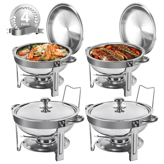 Chafing Dishes for Buffet, 4 Pack 5QT Round Stainless Steel Chafing Dish Set for Home Parties, Christmas Gatherings, Catering Events Complete Buffet Warmer Set (Silver 4)