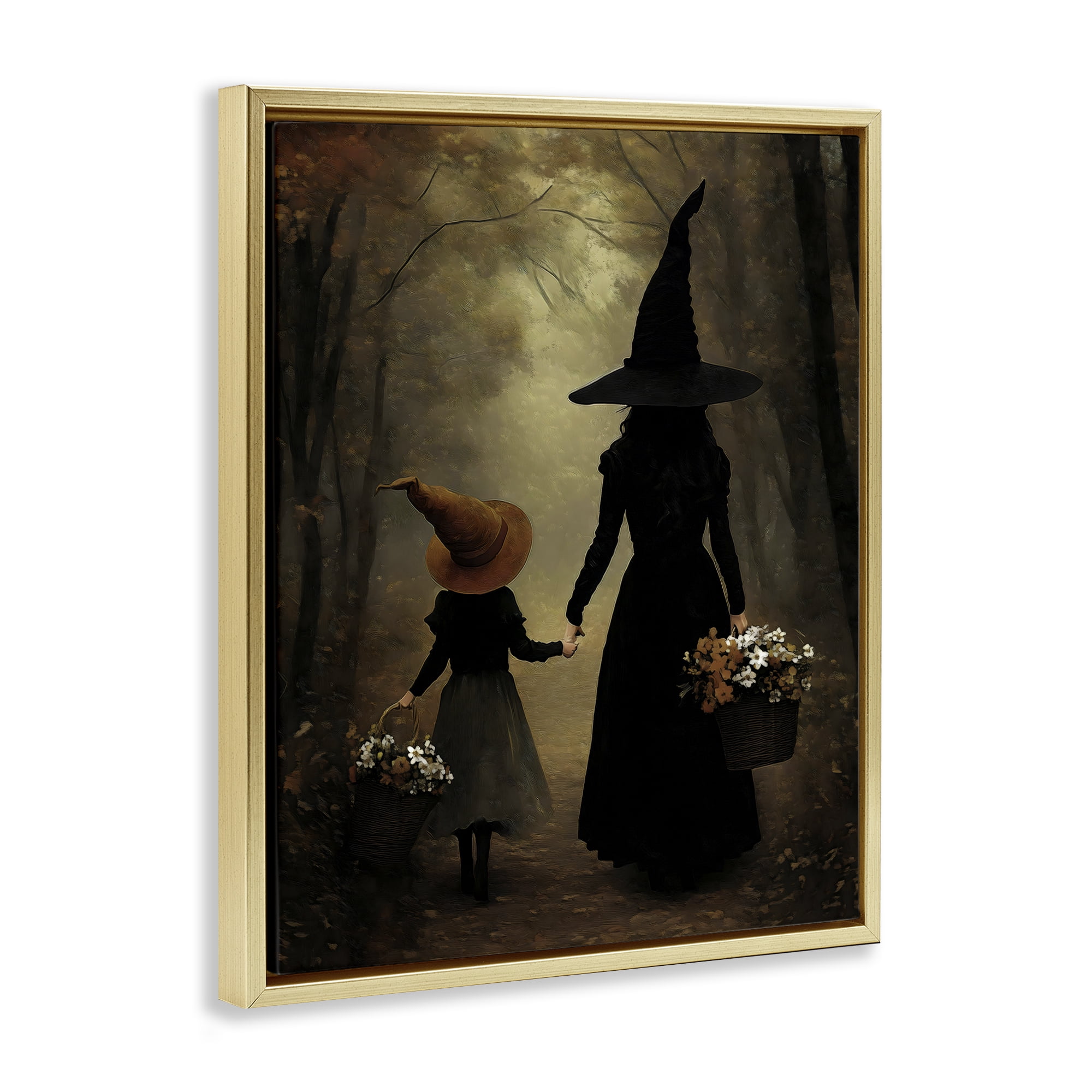 Witch & Daughter Mystical Forest Gold Framed Floater Canvas Wall Art, design by Arlington Prints